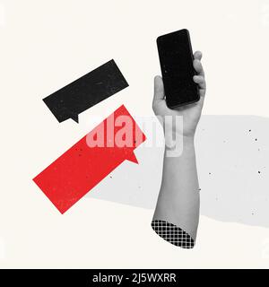 Contemporary art collage. Hand holding phone surrounded by text messages icons symbolizing online communication Stock Photo