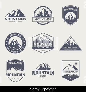 Vector Labels with Hand Drawn Mountains Isolated. 2022. Illustration for Ski Resort, Hiking, Climbing, Mountain Biking Logo Set. Drawing Winter Stock Vector
