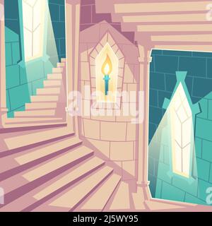 Spiral staircase in castle, upward stairs in palace or tower with arched windows, burning torch in brick wall recess, medieval architecture design, em Stock Vector