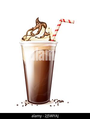 Frappe coffee, frappucino in disposable plastic cup with straw, whipped cream, chocolate or caramel topping and scattered beans. Cold milkshake cockta Stock Vector