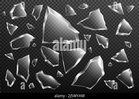 Broken glass shards set isolated on transparent background, randomly scattered shattered pieces of crashed window, crystal fragments with sharp edges, Stock Vector