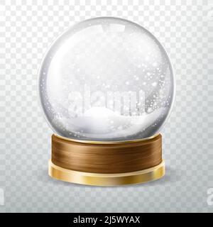 Realistic glass ball with fallen snow, snowfall inside isolated on transparent background, crystal globe or sphere design element, xmas gift, souvenir Stock Vector
