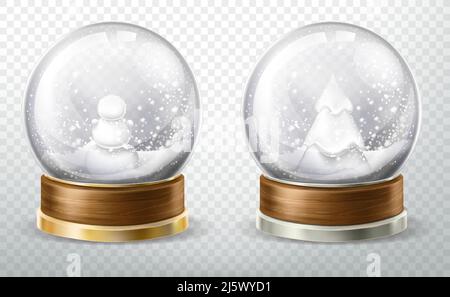Realistic crystal globe set with fallen snow, snowman and christmas tree inside isolated on transparent background, glass ball design element, xmas gi Stock Vector