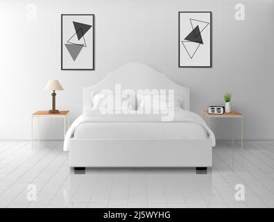 Bedroom white interior, modern home or hotel empty apartment with double king size bed, nightstands with lamp and alarm clock, luxury bedchamber indoo Stock Vector