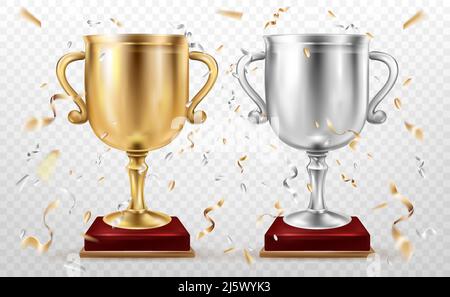 Gold and silver cups, sport competition trophy, championship goblets on red wood stand, falling foil confetti isolated on transparent background. Winn Stock Vector