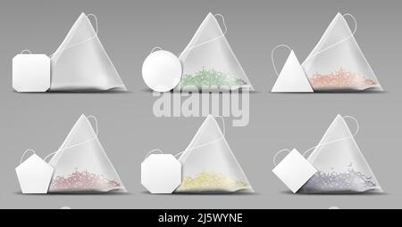 Tea pyramid bags set isolated on grey background, teabags collection of blank mockup, green, red, yellow dry herbs in packages, organic beverage adver Stock Vector
