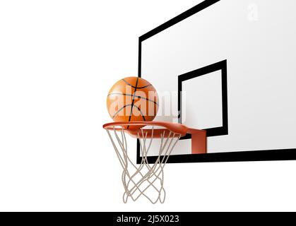 Basketball ball falling into ring hoop net at backboard isolated on white background, sport competition design template for banner, tournament poster, Stock Vector