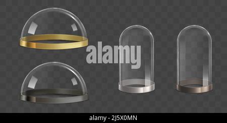 Glass domes, bell jars with golden, silver, bronze and metallic border stripe on bottom realistic vector set isolated on transparent background. Jewel Stock Vector