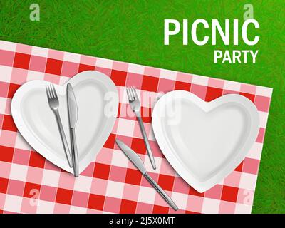 Top view heart shaped empty plate with fork and knife on checkered bbq tablecloth and green grass, table setting, serving for picnic party or barbeque Stock Vector