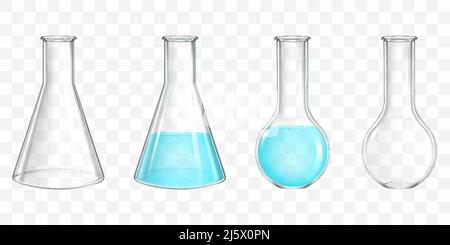 Different shape, empty, filled with water, blue liquid, chemical reagent lab flasks 3d realistic vector set isolated on transparent background. Scient Stock Vector