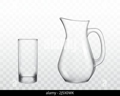 Empty, classic jug with handle and highball drinking glass 3d realistic vector objects isolated on transparent background. Home, restaurant glossy, cl Stock Vector