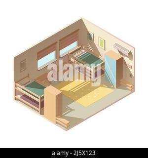Large family childrens bedroom, hostel hotel room interior with two bunk beds, wardrobes, work desks and paintings or photo frames on wall isolated, l Stock Vector