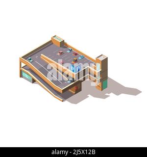 Multilevel, multistorey car parking with city automobiles standing at outdoor parking area on roof, underground level isolated, isometric vector. Urba Stock Vector