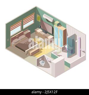 Cozy, single room apartment interior with separate toilet and bathroom shower cabin, double bed, TV set, wardrobe, and yellow carpet on floor cross se Stock Vector