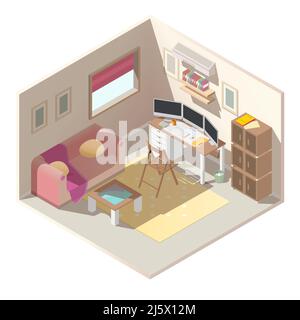 Small apartment room interior with workplace, comfortable sofa, glass coffee table, computer monitors on desk, cabinets for papers, bookshelves and pi Stock Vector