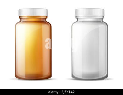 Empty, brown and transparent plastic or glass bottles with white screw lids 3d realistic vector mockup. Food product, medicines, pills or drugs packag Stock Vector