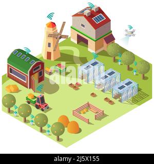 Smart farming with modern, innovative, digital technologies isometric vector concept. Farm, ranch outbuildings, tractor, drone flying under garden, gl Stock Vector