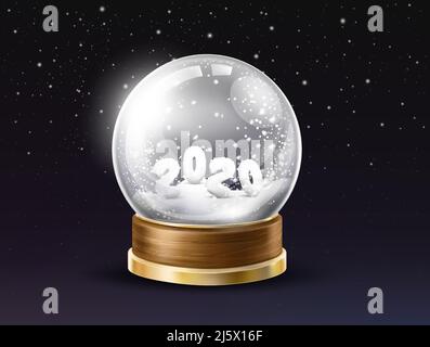 Shining, glass snow globe with 2020 year digits powdered by snow inside 3d realistic vector on black background with falling snowflakes. New Year and Stock Vector