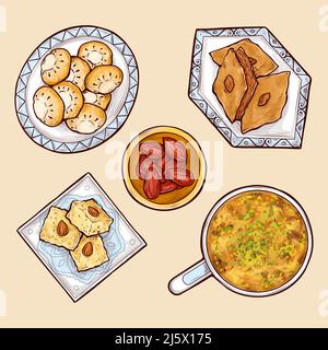 Various exotic, oriental sweets cartoon vector set with umm ali, basbousa, kahk, baklava and dried date fruits on different shape, blue porcelain plat Stock Vector
