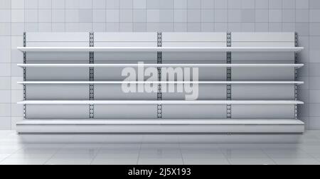 Grocery store, clothing shop, marker or supermarket long, wooden rack with empty shelves standing in trade room with tiled walls and floor 3d realisti Stock Vector