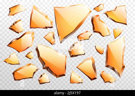 Broken on various form and different sizes, sharp pieces of brown, amber glass 3d realistic vector illustration set isolated on transparent background Stock Vector