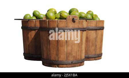 limes, wooden buckets filled with juicy citrus fruits isolated on white background Stock Photo