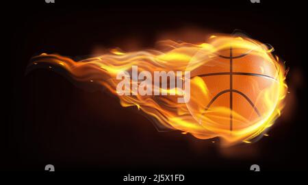 Firing, flying engulfed in flames basketball ball 3d realistic vector illustration isolated on black background. Hot competition, contest or champions Stock Vector