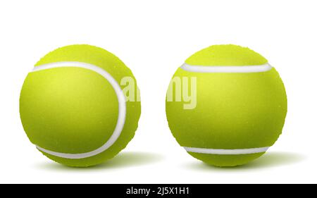 New, green and fluffy tennis balls top, side view 3d realistic vectors isolated on white background with shadows. Racket sport inventory illustration. Stock Vector