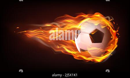 Football ball flying engulfed in flames, firing in darkness after powerful strike 3d realistic vector isolated on black background. Soccer championshi Stock Vector