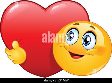 Happy emoji emoticon hugging a big red heart Stock Vector