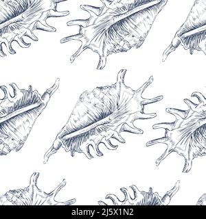 Seamless pattern of navy seashells. Marine background. Hand drawn vector illustration. For invitations, cards, posters, print, banners, advertising, t Stock Vector