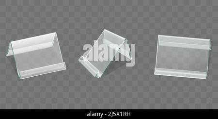 Acrylic table tent displays set, glass or plastic card holders isolated on transparent background. Empty plexi stands mock up. Clear plexiglass tag mo Stock Vector