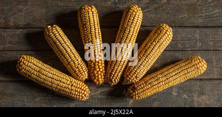Dried corn on a wooden table texture. Corn is laid out in the form of rays of the sun. Food. Close. Yellow corn. Concept: market, food, vegetables, ce Stock Photo