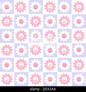 70’s cute seamless smiling daisy pattern with flowers. Floral checkered hippie funky vector background. Perfect for creating fabrics, textiles, wrappi Stock Vector