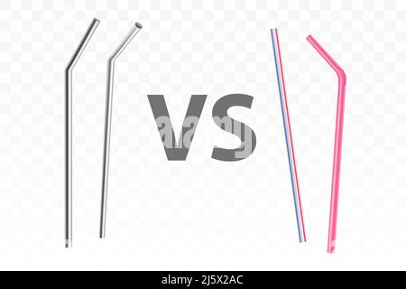 Reusable, metal drinking straws versus disposable, plastic concept. Ecological, stainless steel cocktail straws comparison to old, polluting environme Stock Vector