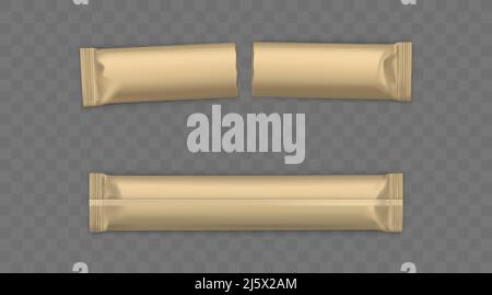 Blank brown, whole new and used, torn in half sachets sticks for sugar, instant coffee or candy wrapper 3d realistic vector illustration isolated on t Stock Vector