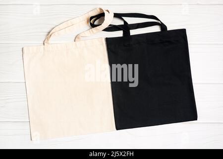 White and black blank shopping tote bag canvas mockup Stock