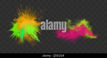 Powder Holi paints set isolated on transparent background colorful clouds or explosions, ink splashes, decorative vibrant dye for festival, traditiona Stock Vector
