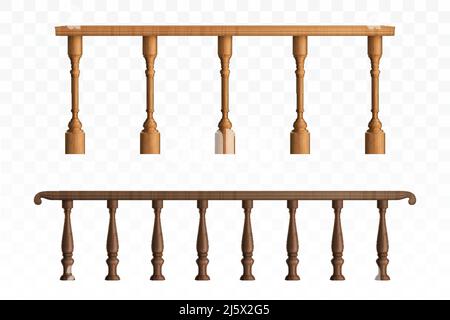 Wooden balustrade, balcony railing or handrails set. Banister or fencing sections with decorative pillars. Panels balusters for architecture design is Stock Vector