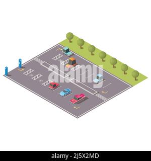 City street car parking area with various passenger vehicles, going on road, parked on parallel lots for disabled people isolated, isometric vector il Stock Vector