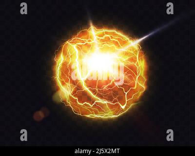 Electric ball, lightning fireball, strike impact place, plasma sphere in yellow color isolated on dark background. Powerful electrical discharge, magi Stock Vector