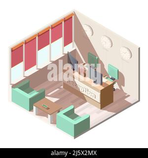 Hotel, company office reception hall interior with comfortable armchairs and coffee table, computer monitors on receptionists desk, different time zon Stock Vector