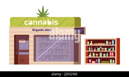 Cannabis store, marijuana organic shop with equipment and accessories for smoking standing on shelf, storing medical products and food, online order s Stock Vector