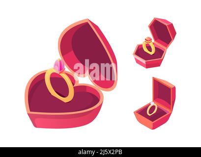 Golden wedding rings in luxury boxes set. Gold jewelry decorated precious gemstones, lying on soft velvet pillow in red case heart, square, pentagon s Stock Vector