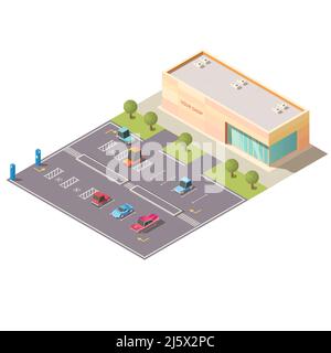 Mall, supermarket car parking area with vehicles, going on road, parked on lots for disabled people near shop building isolated, isometric vector. Cit Stock Vector
