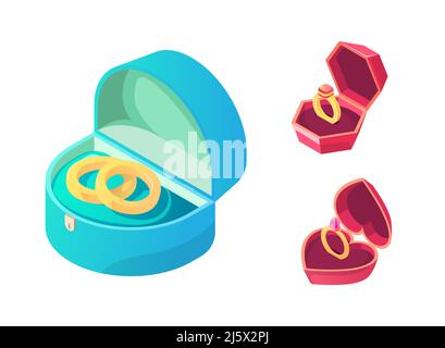 Rings for wedding and engagement in various boxes set isolated on white background. Gold annulus with precious sparkling gem stones. Jewelry accessory Stock Vector