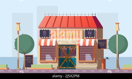Closed for repair cafeteria, business bankruptcy, marked crime scene concept. Street restaurant, fast food cafe, coffee shop building exterior with wa Stock Vector