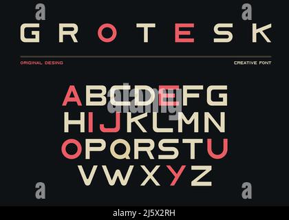 Latin alphabet, sans serif font in grotesk retro style. Abc uppercase letters on black background, typeface for posters and banners typography. Duoton Stock Vector