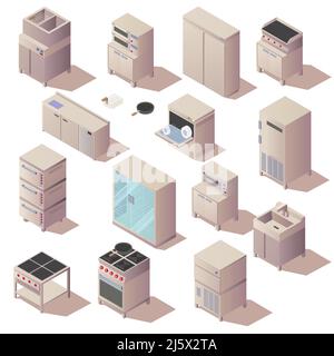 Isometric kitchen restaurant appliances and furniture set. Oven, sink, refrigerator dishwasher isolated on white background. Technical equipment for c Stock Vector