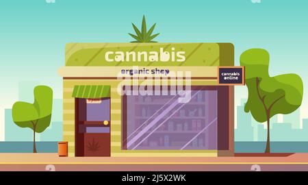 Cannabis store, marijuana organic shop building front view with equipment and accessories for smoking standing on showcase, cbd products online order Stock Vector